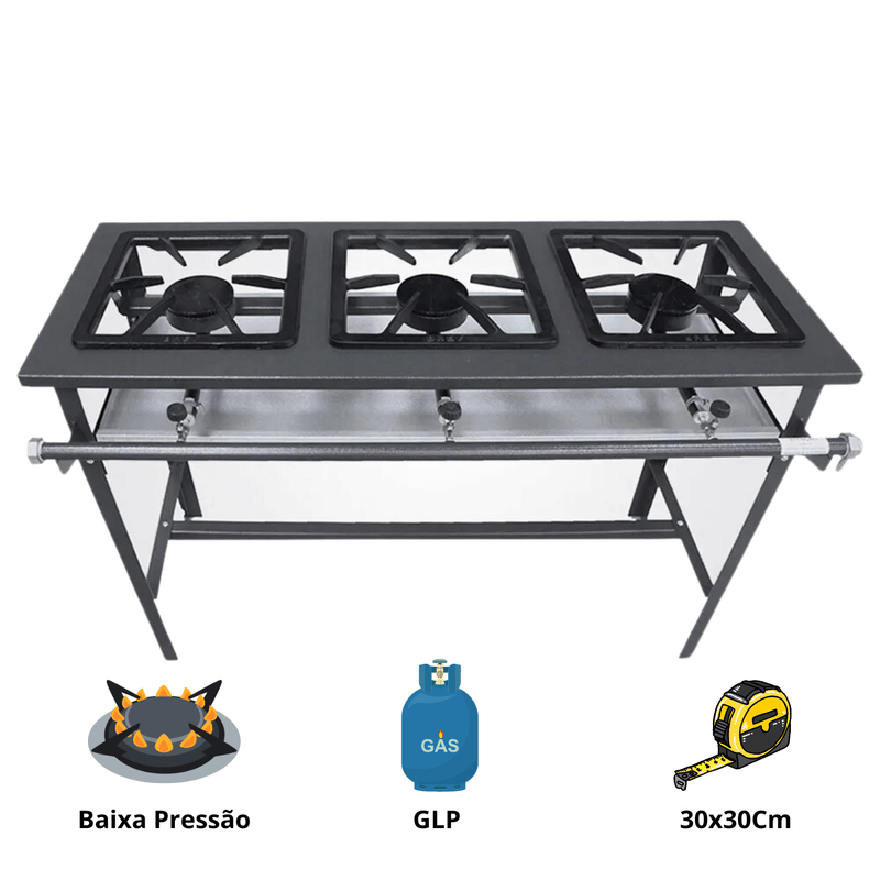 Fogao-Industrial-3-Bocas-Alta-Pressao-Metal-Bray