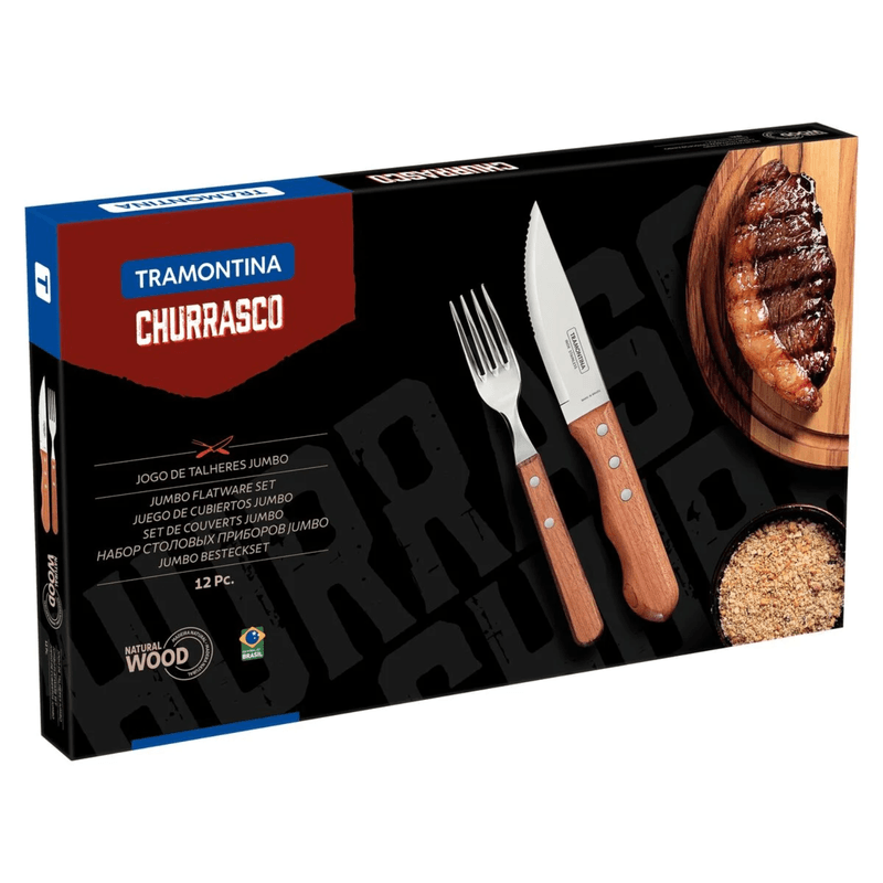 Jogo Churrasco 12 Pecas Tramontina Dynamic Inox Madeira Natural