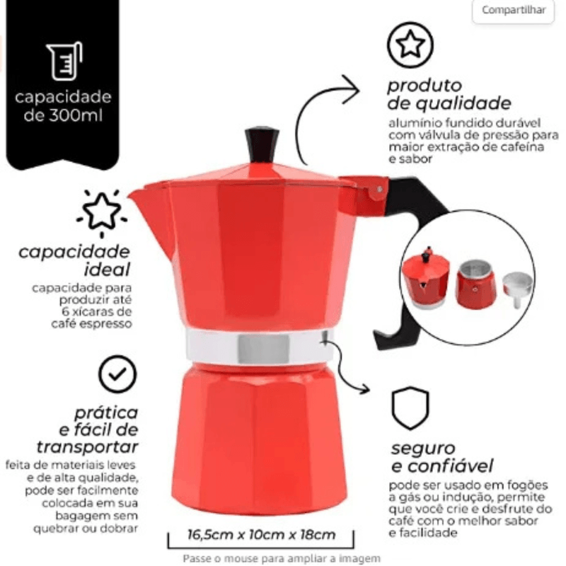 Cafeteira Italiana De Aluminio  Vermelha - Mimo Style