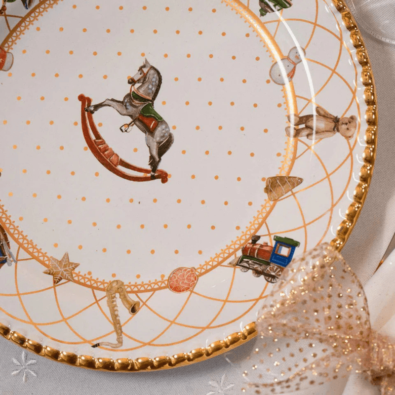Prato de Natal Ceramica Toys Christmas com Ouro Scalla Luxo