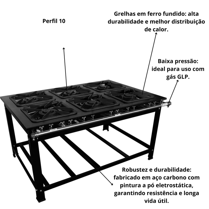 Fogao Industrial Baixa Pressao 6 Bocas 3QS 3QD Gold 40x40 Cefaz