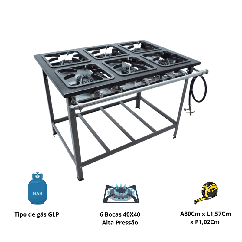 Fogao industrial 6 Bocas Alta Pressao Gold 40x40 Cefaz