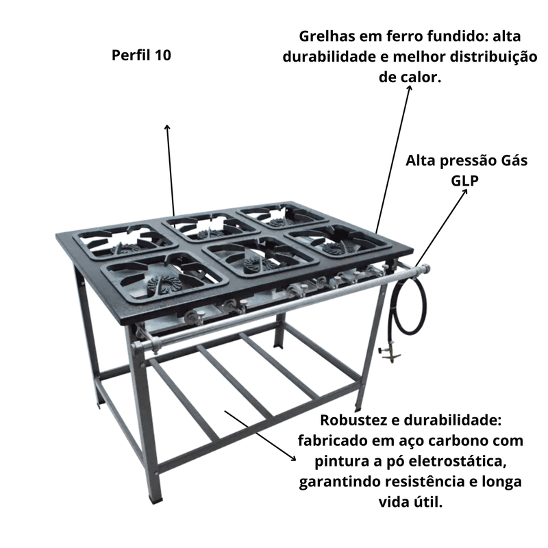 Fogao industrial 6 Bocas Alta Pressao Gold 40x40 Cefaz