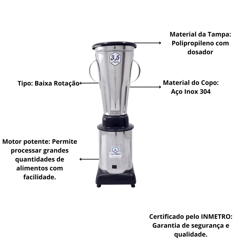 Liquidificador Industrial 3-5 Litros Baixa Rotacao Aco Inox Colombo