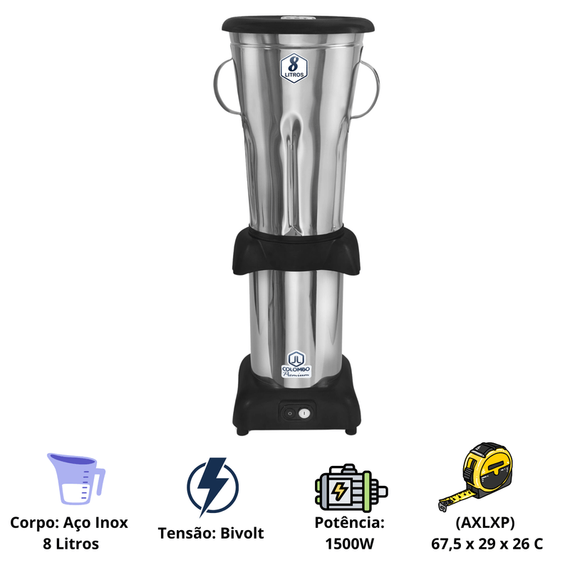 Liquidificador Industrial 8 Litros Baixa Rotacao Aco Inox Colombo