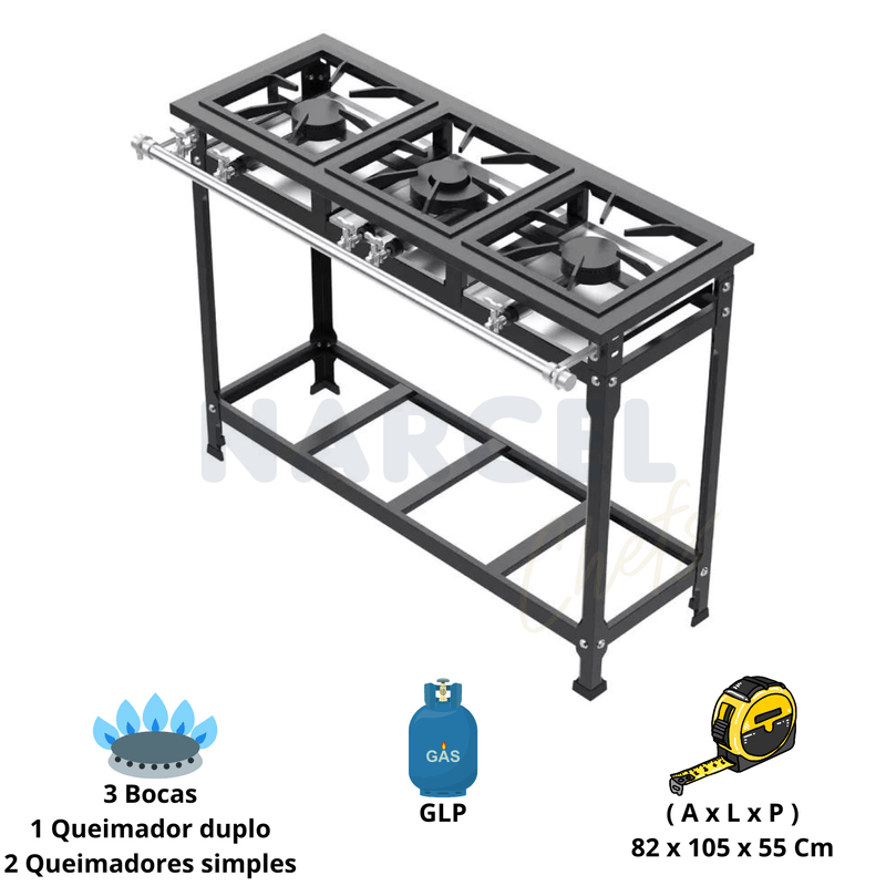 Fogao 3 Bocas Industrial 2 Queimadores Duplos 30x30 MR Fogoes