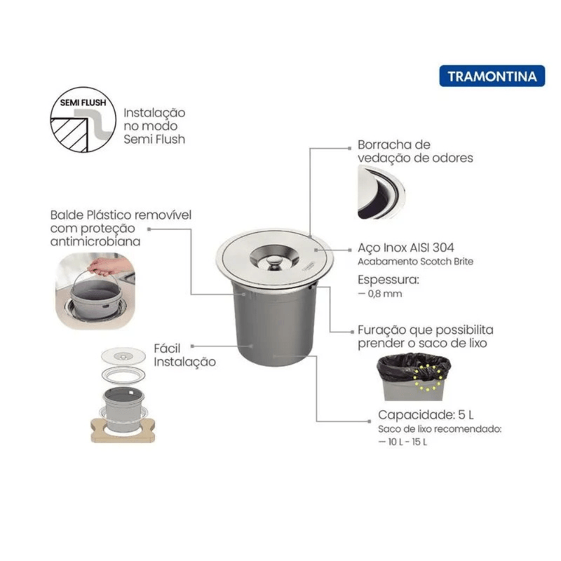 Lixeira de Embutir Clean em Inox 5L - TRAMONTINA