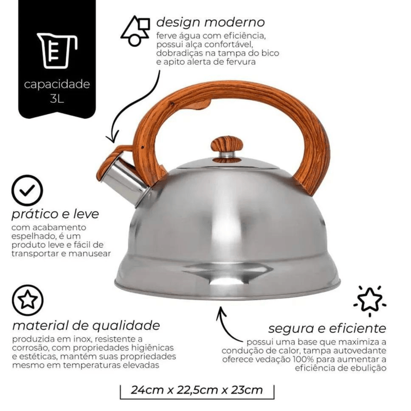 Chaleira De Inox Com Apito Alca Bambu 3 Litros Mimo Style
