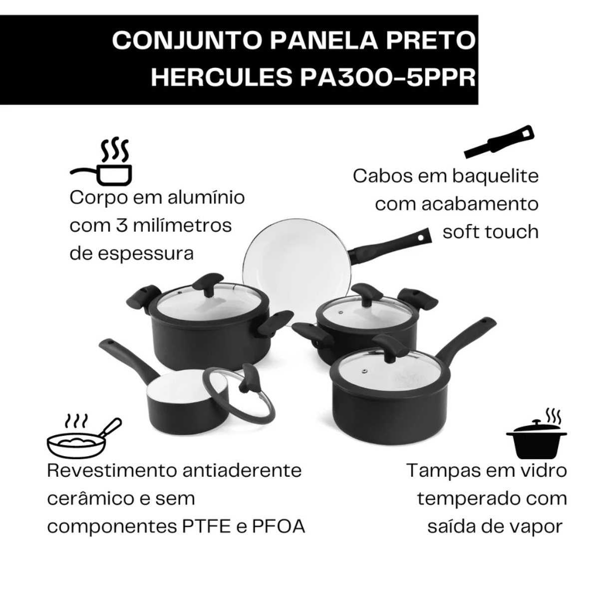 Jogo De Panelas Indução 5 Peças Preto - Hercules - Narcel Home