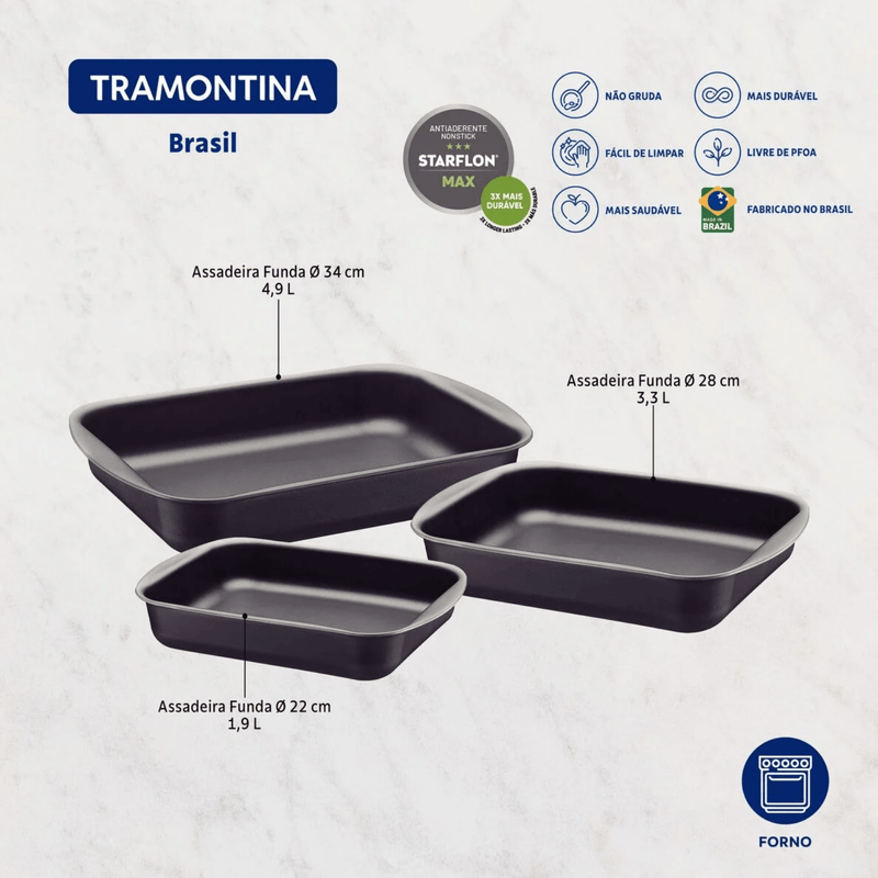 Jogo Assadeiras Antiaderente 3 Pecas Tramontina Starflon Grafite