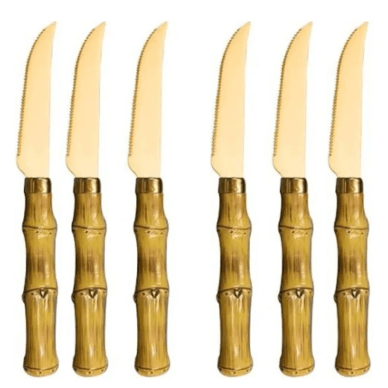 Conjunto De Facas Aco Inox Cabo Plastico Bambu Dourado 6 Pecas - Lyor