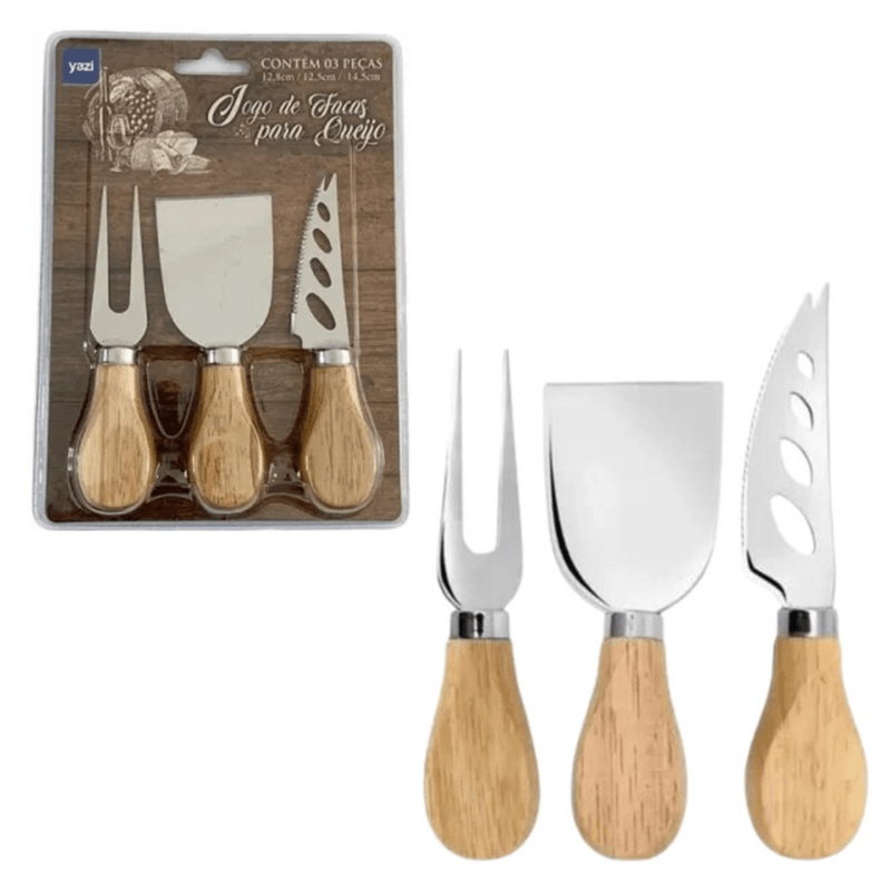 Jogo de Facas para Queijo Inox e Madeira 3 Pecas Yazi