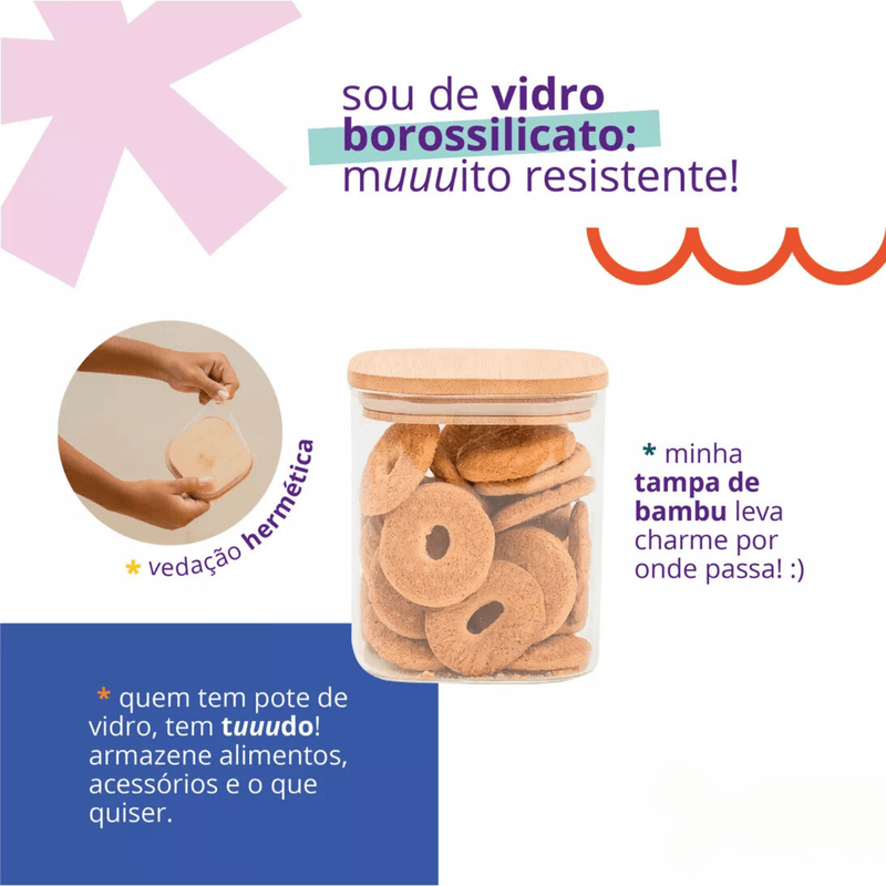 Pote Hermetico Oikos 800ml Vidro com Tampa de Bambu 1236