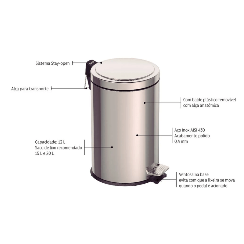 Lixeira com Pedal em Aco Inox 12L Tramontina
