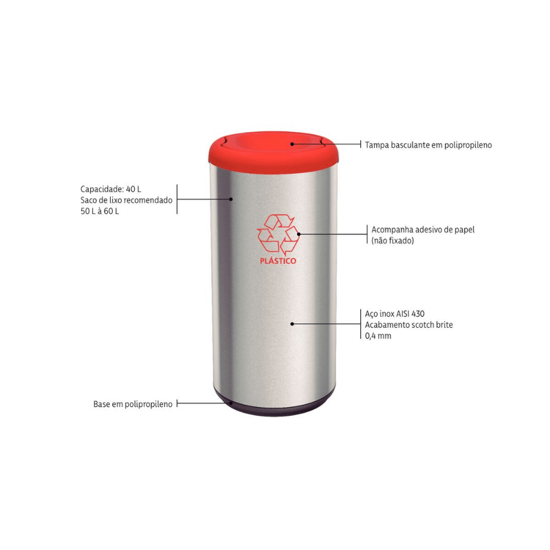 Lixeira com Tampa Vermelha Baculante em  Inox 40L - TRAMONTINA