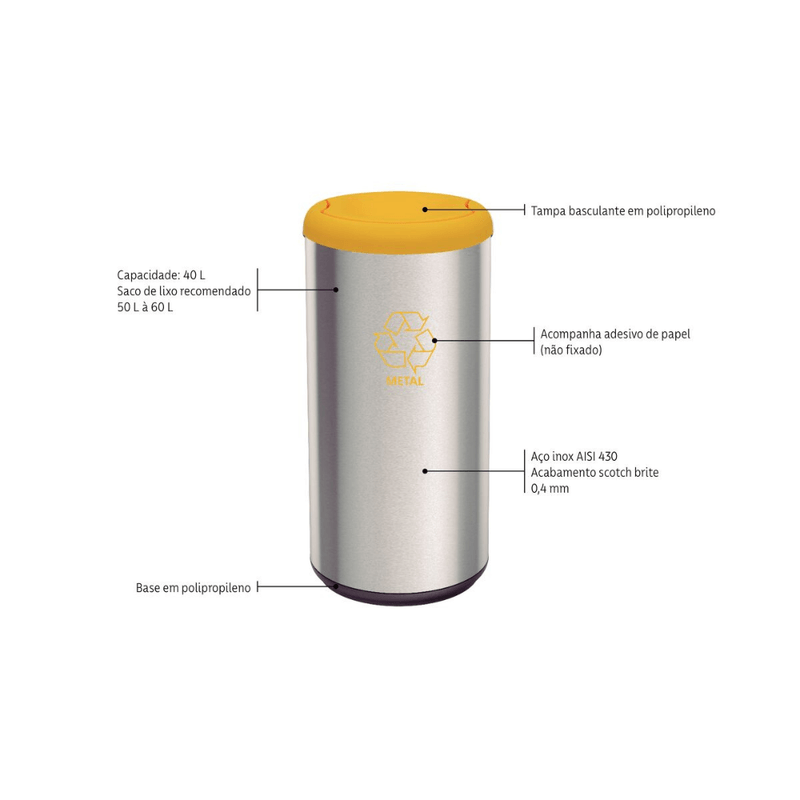 Lixeira com Tampa  Amarela Basculante em Inox 40L -  TRAMONTINA