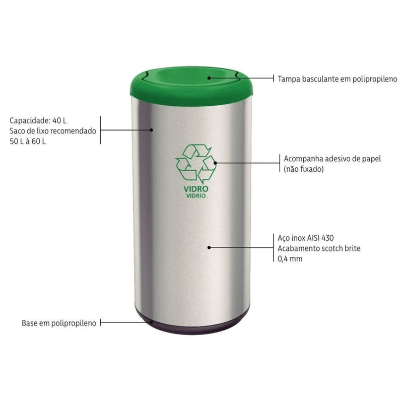 Lixeira com Tampa Verde Basculante de Inox 40L - TRAMONTINA Lixeira com Tampa Verde Basculante em Inox 40L - TRAMONTINA