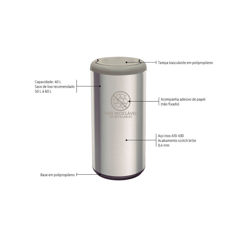 Lixeira com Tampa Cinza Basculante em Inox 40L - TRAMONTINA